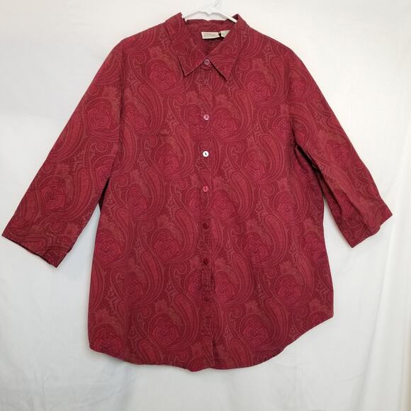 St John's Bay Button Up 3/4 Sleeve Maroon Purple Paisley Pattern Blouse Size 2X - Picture 1 of 8
